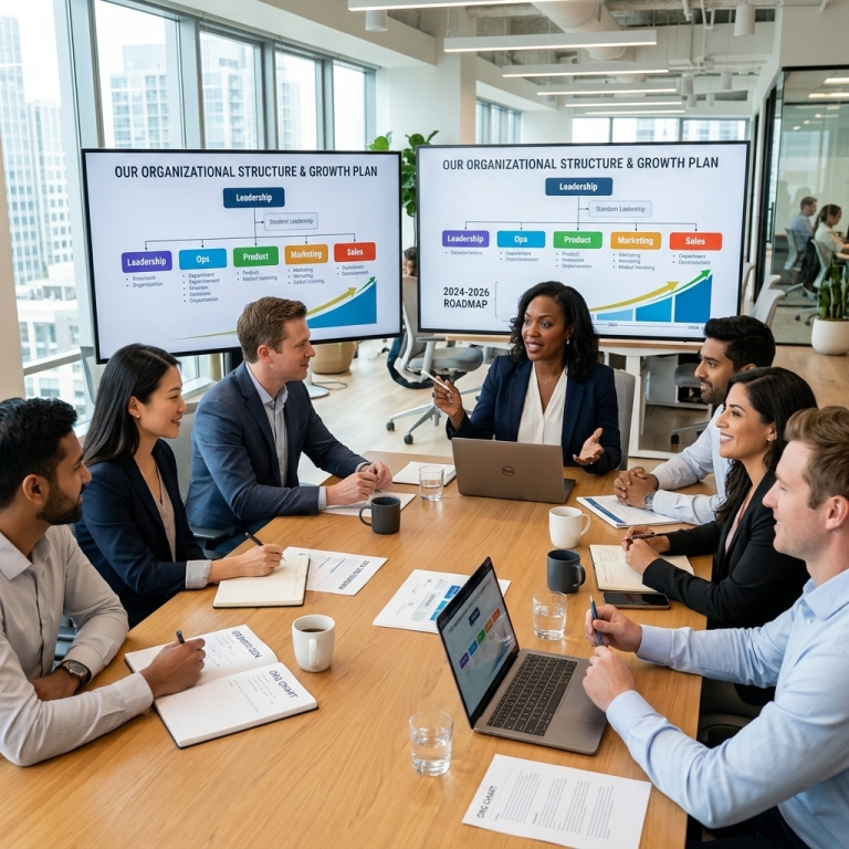 Equipo de trabajo planificando procesos y estructura organizativa para crecer de forma ordenada